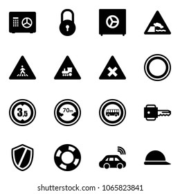 Solid vector icon set - safe vector, lock, embankment road sign, pedestrian, railway intersection, prohibition, limited height, distance, no bus, key, shield, lifebuoy, car wireless