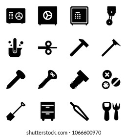 Solid vector icon set - safe vector, piston, casting of steel, rolling, hammer, mason, nail, screw, bolt, rivet, shovel, tool cabinet, forceps, fork toy