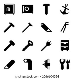 Solid vector icon set - safe vector, work, anchor, hammer, mason, knife, plumber, nail, screw, wood drill, tool cabinet, allen key, set, shovel fork toy