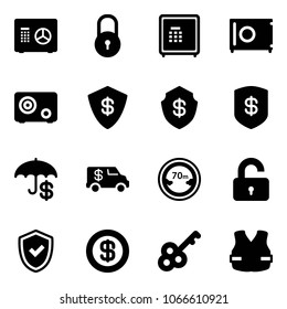 Solid vector icon set - safe vector, lock, insurance, encashment car, limited distance road sign, unlocked, shield check, dollar, key, life vest
