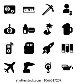 Solid vector icon set - safe vector, cash, job, winner, dollar growth, uv cream, palm, beer, music player, micro flash card, rocket, battery, plane, drill, winch, oiler