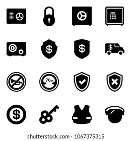 Solid vector icon set - safe vector, lock, encashment car, no horn road sign, limited distance, shield check, cross, dollar, key, life vest, protect glass