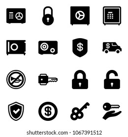 Solid vector icon set - safe vector, lock, encashment car, no horn road sign, key, locked, unlocked, shield check, dollar, hand