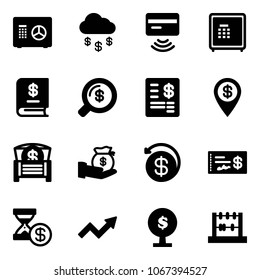 Solid vector icon set - safe vector, money rain, tap pay, annual report, search, account statement, dollar pin, chest, investment, back, check, history, growth arrow, tree, abacus