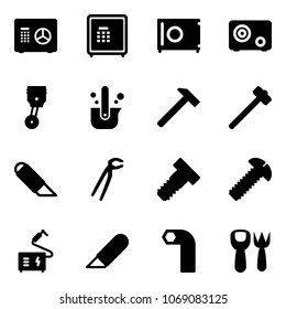 Solid vector icon set - safe vector, piston, casting of steel, hammer, sledgehammer, work knife, plumber, bolt, screw, welding, allen key, shovel fork toy