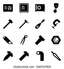 Solid vector icon set - safe vector, piston, sledgehammer, mason hammer, chisel, clamp, work knife, plumber, bolt, nut, screw, allen key, forceps