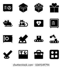 Solid vector icon set - safe vector, gift, santa sleigh, first aid kit, check, conveyor, tool box, cube hole toy