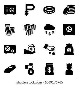 Solid vector icon set - safe vector, ruble, coin, big cash, money rain, investment, bag, gold, rich, king