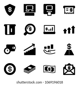 Solid vector icon set - safe vector, atm, receipt, money search, account statistics, arrows up, wallet time, growth, dollar, mail