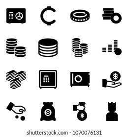 Solid vector icon set - safe vector, cent, coin, big cash, investment, money bag, rich, king