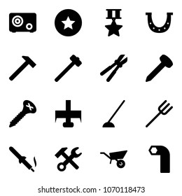 Solid vector icon set - safe vector, star medal, luck, hammer, sledgehammer, bolt cutter, nail, screw, milling, hoe, farm fork, soldering iron, wrench, wheelbarrow, allen key