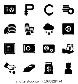 Solid vector icon set - safe vector, ruble, cent, coin, money rain, investment, gold, bag, king