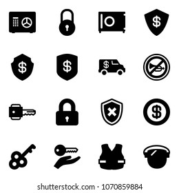 Solid vector icon set - safe vector, lock, encashment car, no horn road sign, key, locked, shield cross, dollar, hand, life vest, protect glass