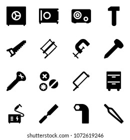 Solid vector icon set - safe vector, work, saw, bucksaw, clamp, nail, screw, rivet, metal hacksaw, tool cabinet, welding, rasp, allen key, forceps