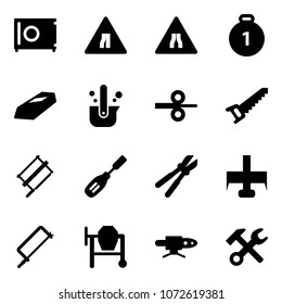 Solid vector icon set - safe vector, Road narrows sign, gold medal, casting of steel, rolling, saw, bucksaw, chisel, bolt cutter, milling, metal hacksaw, cocncrete mixer, pipe welding, wrench hammer