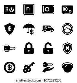 Solid vector icon set - safe vector, insurance, encashment car, limited distance road sign, key, locked, unlocked, shield cross, dollar, hand, protect glass