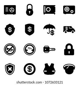Solid vector icon set - safe vector, lock, insurance, encashment car, no horn road sign, limited distance, key, locked, shield cross, dollar, life vest, protect glass