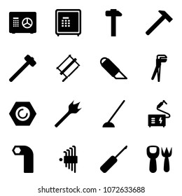 Solid vector icon set - safe vector, hammer, sledgehammer, bucksaw, work knife, plumber, nut, wood drill, hoe, welding, allen key, set, awl, shovel fork toy