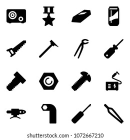 Solid vector icon set - safe vector, star medal, gold, drink, saw, mason hammer, plumber, screwdriver, bolt, nut, screw, welding, pipe, allen key, awl, forceps