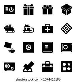 Solid vector icon set - safe vector, gift, santa sleigh, doctor bag, pills blister, cereal, check, tool box, cube hole toy