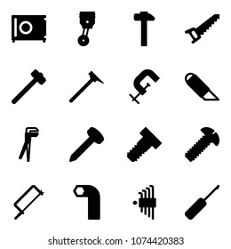 Solid vector icon set - safe vector, piston, hammer, saw, sledgehammer, mason, clamp, work knife, plumber, nail, bolt, screw, metal hacksaw, allen key, set, awl