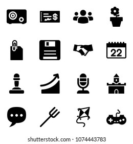 Solid vector icon set - safe vector, check, group, flower pot, attachment, save, agreement, calendar, pawn, rise, microphone, sand fort, chat, farm fork, kite, gamepad