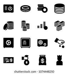 Solid vector icon set - safe vector, coin, big cash, investment, check, rich, money bag, king