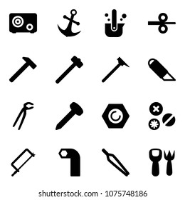 Solid vector icon set - safe vector, anchor, casting of steel, rolling, hammer, sledgehammer, mason, work knife, plumber, nail, nut, rivet, metal hacksaw, allen key, forceps, shovel fork toy