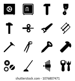 Solid vector icon set - safe vector, work, piston, hammer, steel rolling, saw, bucksaw, mason, plumber, screw, rivet, hoe, allen key set, shovel fork toy