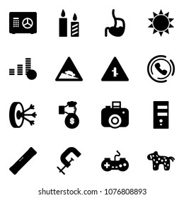 Solid vector icon set - safe vector, candle, stomach, sun, coin, steep descent road sign, intersection, phone horn, solution, rich, camera, server, level, clamp, gamepad, toy horse