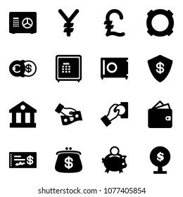 Solid vector icon set - safe vector, yen, pound, currency, euro dollar, bank, cash pay, wallet, check, purse, piggy, money tree