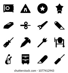 Solid vector icon set - safe vector, Road narrows sign, star medal, gold, steel rolling, saw, work knife, screwdriver, screw, wood drill, cocncrete mixer, winch, tool cabinet, awl