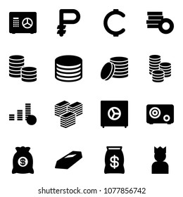 Solid vector icon set - safe vector, ruble, cent, coin, big cash, money bag, gold, king