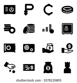 Solid vector icon set - safe vector, ruble, cent, coin, investment, check, money bag, king