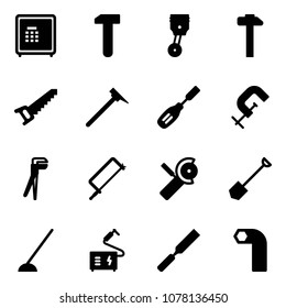 Solid vector icon set - safe vector, work, piston, hammer, saw, mason, chisel, clamp, plumber, metal hacksaw, Angular grinder, shovel, hoe, welding, rasp, allen key