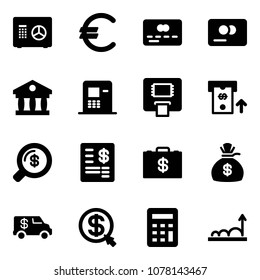 Solid vector icon set - safe vector, euro, credit card, bank, atm, money search, account statement, case, bag, encashment car, click, calculator, growth