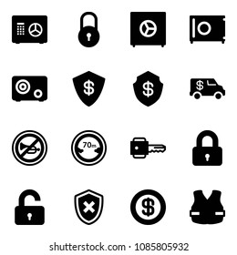 Solid vector icon set - safe vector, lock, encashment car, no horn road sign, limited distance, key, locked, unlocked, shield cross, dollar, life vest