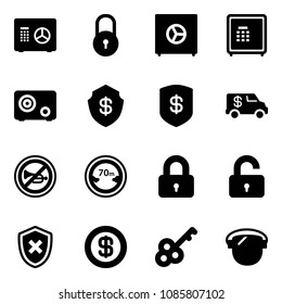 Solid vector icon set - safe vector, lock, encashment car, no horn road sign, limited distance, locked, unlocked, shield cross, dollar, key, protect glass