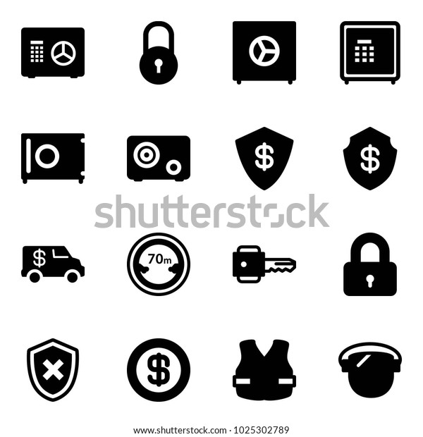 Solid vector icon set - safe vector, lock,\
encashment car, limited distance road sign, key, locked, shield\
cross, dollar, life vest, protect\
glass