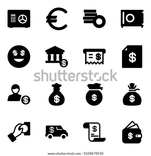 Solid vector icon set - safe vector,
euro, coin, dollar smile, account, receipt, statement, money bag,
cash pay, encashment car, history, finance
management