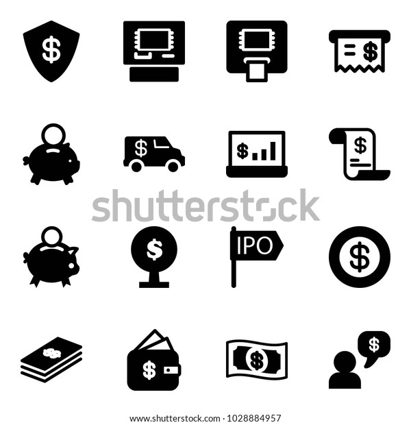 Solid vector icon set - safe vector,\
atm, receipt, piggy bank, encashment car, account statistics,\
history, money tree, ipo, dollar, finance management,\
dialog