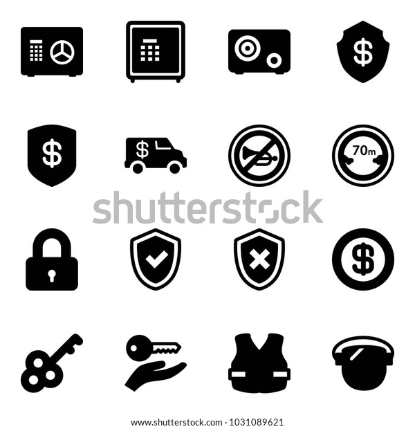 Solid vector icon set - safe
vector, encashment car, no horn road sign, limited distance,
locked, shield check, cross, dollar, key, hand, life vest, protect
glass