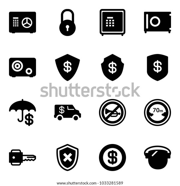 Solid vector icon set - safe vector, lock,\
insurance, encashment car, no horn road sign, limited distance,\
key, shield cross, dollar, protect\
glass