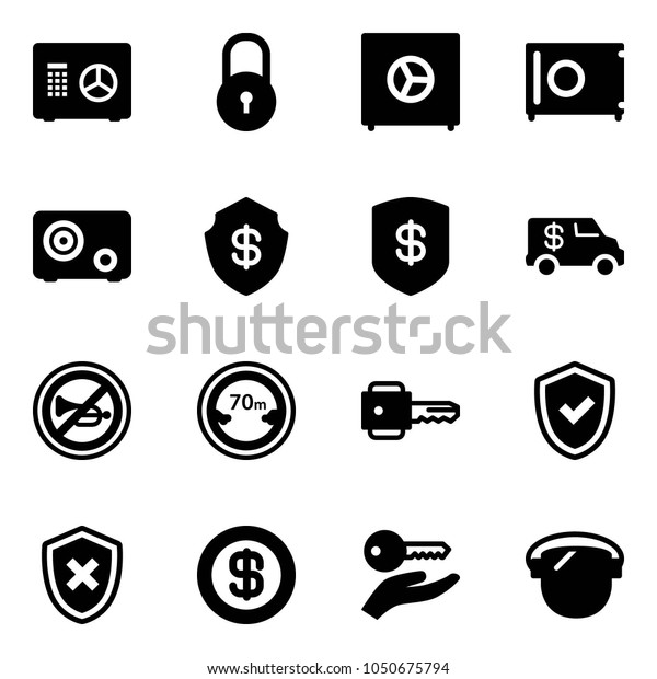 Solid vector icon set - safe vector, lock,\
encashment car, no horn road sign, limited distance, key, shield\
check, cross, dollar, hand, protect\
glass