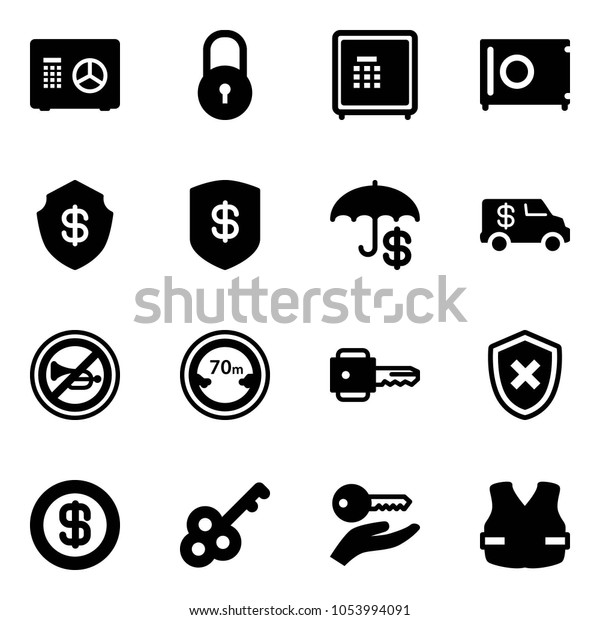 Solid vector icon set - safe vector, lock,
insurance, encashment car, no horn road sign, limited distance,
key, shield cross, dollar, hand, life
vest