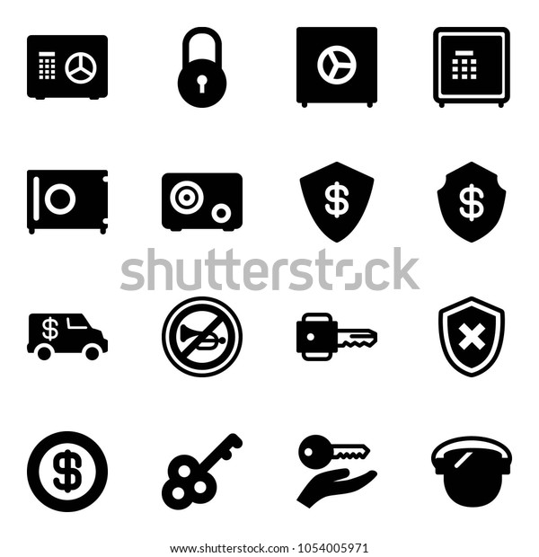 Solid vector icon set - safe vector, lock,\
encashment car, no horn road sign, key, shield cross, dollar, hand,\
protect glass