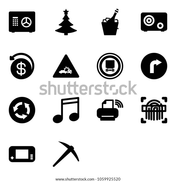 Solid vector icon set - safe vector, christmas\
tree, champagne, money back, car crash road sign, no dangerous\
cargo, only right, circle, music, printer wireless, fingerprint\
scanner, game console