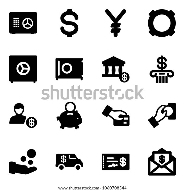 Solid vector icon set - safe vector, dollar, yen,\
currency, account, bank, piggy, card pay, cash, encashment car,\
check, mail