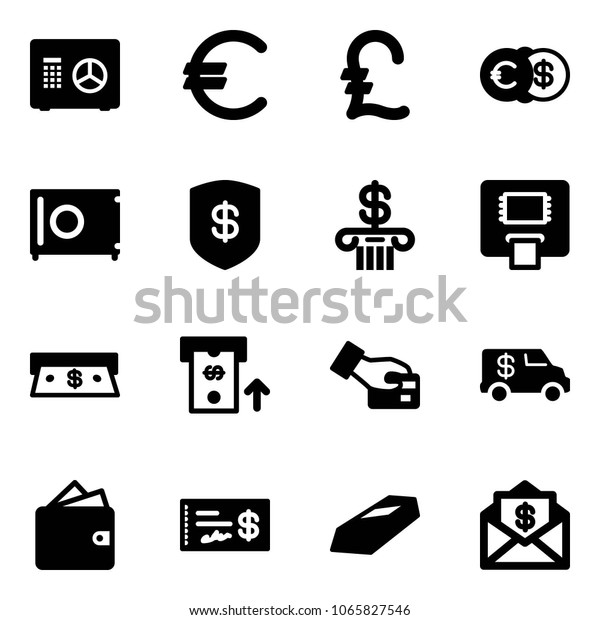 Solid vector icon set - safe vector, euro, pound,\
dollar, bank, atm, cash, card pay, encashment car, wallet, check,\
gold, mail