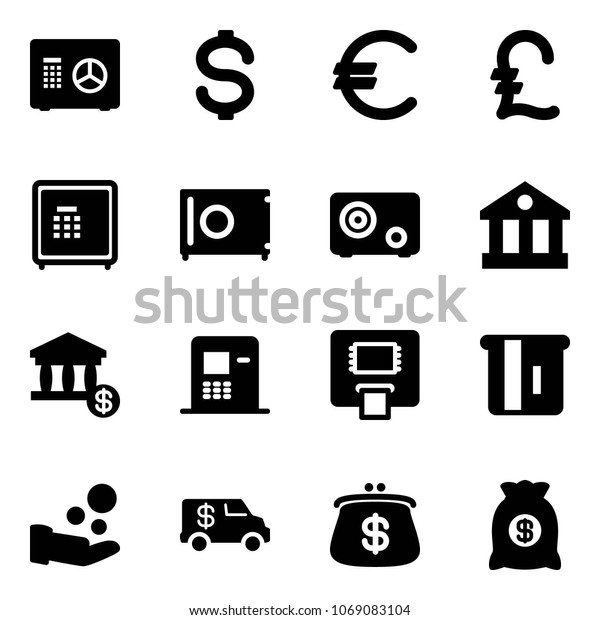 Solid\
vector icon set - safe vector, dollar, euro, pound, bank, account,\
atm, cash pay, encashment car, purse, money\
bag